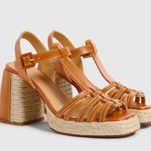 Castaner Tan Leather & Rafia Trim Espedrille Block Heel Sandals Shoes